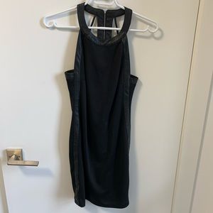 Aqua black dress with faux leather trim